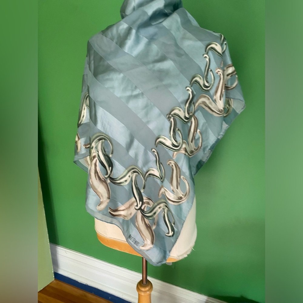 Vintage Robert Lee Morris Blue floral Silk Scarf with Chain Motif